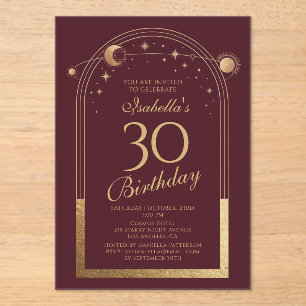 Celestial Red Gold Sun Moon Stars 30th Birthday Acrylic Invitations