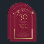 Celestial Red Gold Sun Moon Stars 30th Birthday Invitation<br><div class="desc">Celestial Red Gold Sun Moon Astronomy 30th Birthday Invitations features an elegant gold sun,  moon and stars with a golden frame on a red background. Inside is your custom thirtieth birthday invitation information. Personalize by editing the text in the text boxes. Designed for you by Evco Studio www.zazzle.com/store/evcostudio</div>