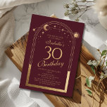 Celestial Red Gold Sun Moon Stars 30th Birthday Invitation<br><div class="desc">Celestial Red Gold Sun Moon Astronomy 30th Birthday Invitations features an elegant gold sun,  moon and stars with a golden frame on a deep pink-red background. Inside is your custom thirtieth birthday invitation information. Personalize by editing the text in the text boxes. Designed for you by Evco Studio www.zazzle.com/store/evcostudio</div>