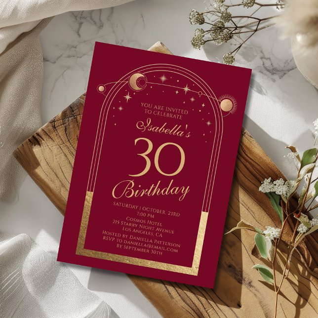 Celestial Red Gold Sun Moon Stars 30th Birthday Invitation (Creator Uploaded)