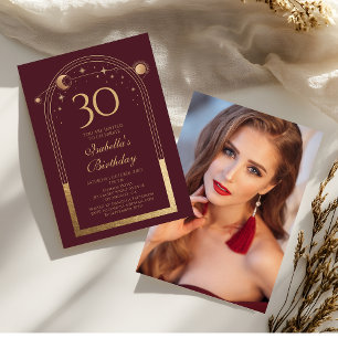 Celestial Red Gold Sun Moon Stars 30th Birthday Invitation