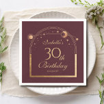 Celestial Red Gold Sun Moon Stars 30th Birthday Napkin<br><div class="desc">Celestial Red Gold Sun Moon Astronomy 30th Birthday Paper Napkins features an elegant gold sun,  moon and stars with a golden frame on a deep pink-red background. Inside is your custom thirtieth birthday information. Personalize by editing the text in the text boxes. Designed for you by Evco Studio www.zazzle.com/store/evcostudio</div>