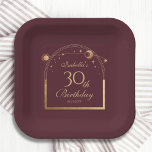 Celestial Red Gold Sun Moon Stars 30th Birthday Paper Plate<br><div class="desc">Celestial Red Gold Sun Moon Astronomy 30th Birthday Paper Plates features an elegant gold sun,  moon and stars with a golden frame on a deep pink-red background. Inside is your custom thirtieth birthday information. Personalize by editing the text in the text boxes. Designed for you by Evco Studio www.zazzle.com/store/evcostudio</div>