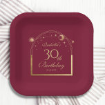 Celestial Red Gold Sun Moon Stars 30th Birthday Paper Plate<br><div class="desc">Celestial Red Gold Sun Moon Astronomy 30th Birthday Paper Plates features an elegant gold sun,  moon and stars with a golden frame on a deep pink-red background. Inside is your custom thirtieth birthday information. Personalize by editing the text in the text boxes. Designed for you by Evco Studio www.zazzle.com/store/evcostudio</div>
