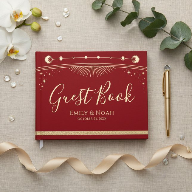 Celestial Red Gold Sun Moon Stars Wedding  Guest Book (Creator Uploaded)