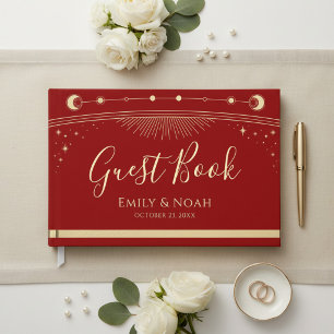 Celestial Red Gold Sun Moon Stars Wedding Guest Book