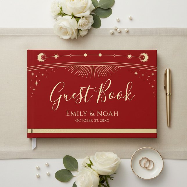 Celestial Red Gold Sun Moon Stars Wedding  Guest Book (Creator Uploaded)