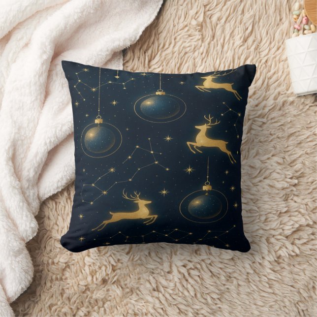 Celestial Reindeer and Golden Star Ornaments Throw Pillow (Blanket)