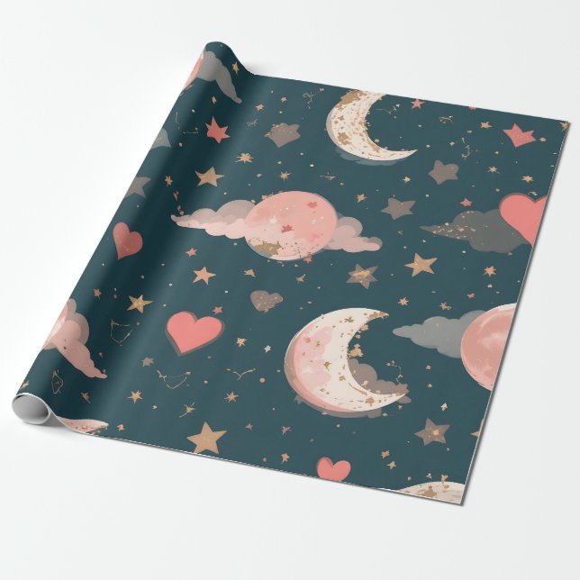 Celestial Romance Dreamy Moon & Stars Valentine Se Wrapping Paper (Unrolled)