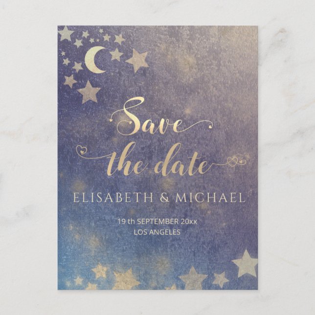 Celestial romantic moon and stars calligraphy anno announcement postcard (Front)