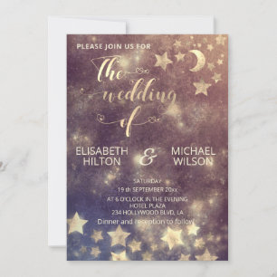 Celestial romantic moon and stars calligraphy gold invitation