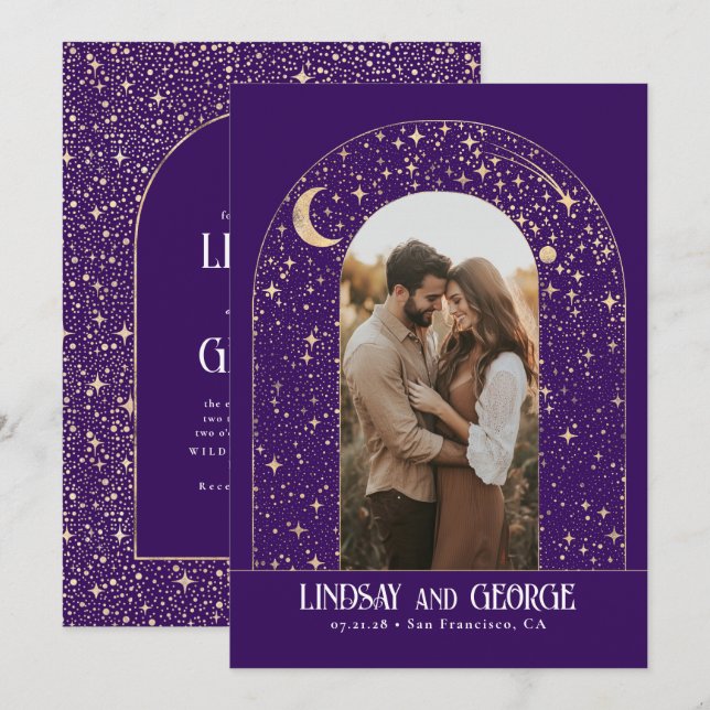 Celestial Romantic Night Stars Wedding Photo Invitation (Front/Back)