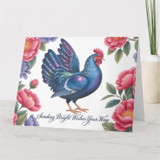Celestial Rooster Greeting with Floral Border Card