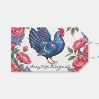 Celestial Rooster Greeting with Floral Border Gift Tags