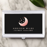 Celestial Rose Gold Crescent Moon Stars Logo Business Card Holder<br><div class="desc">Celestial Rose Gold Crescent Moon Stars Logo Business Card Case. This elegant modern trendy business design features a moon and stars on a solid black background. Personalize this custom design with your own details.</div>