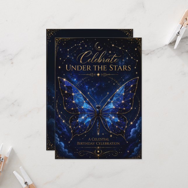 Celestial Sapphire Wings Birthday Invitation (Front/Back In Situ)