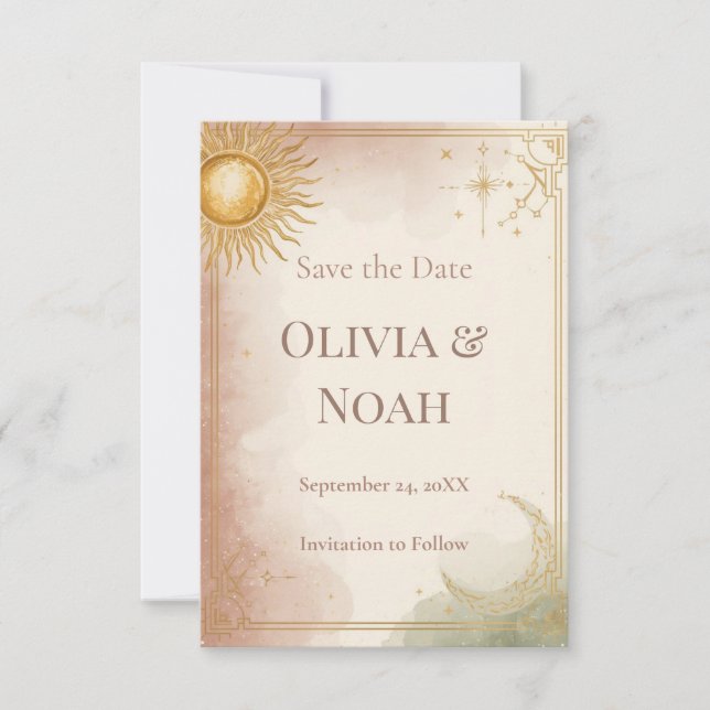 Celestial Save the Date Card Pink Sage Clouds Gold (Front)
