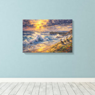 Celestial Shores: A Coastal Impasto Sunset Canvas Print