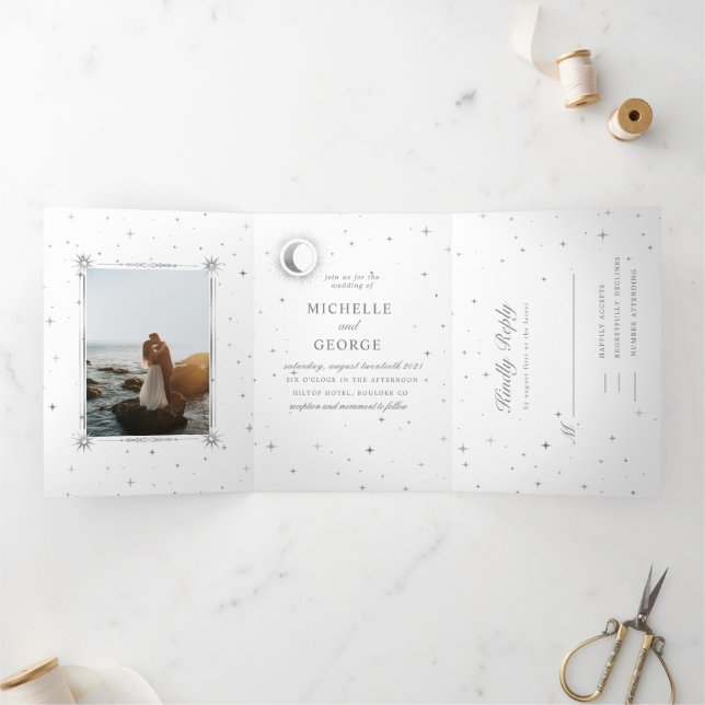 celestial silver moon tri fold wedding invitation (Inside)