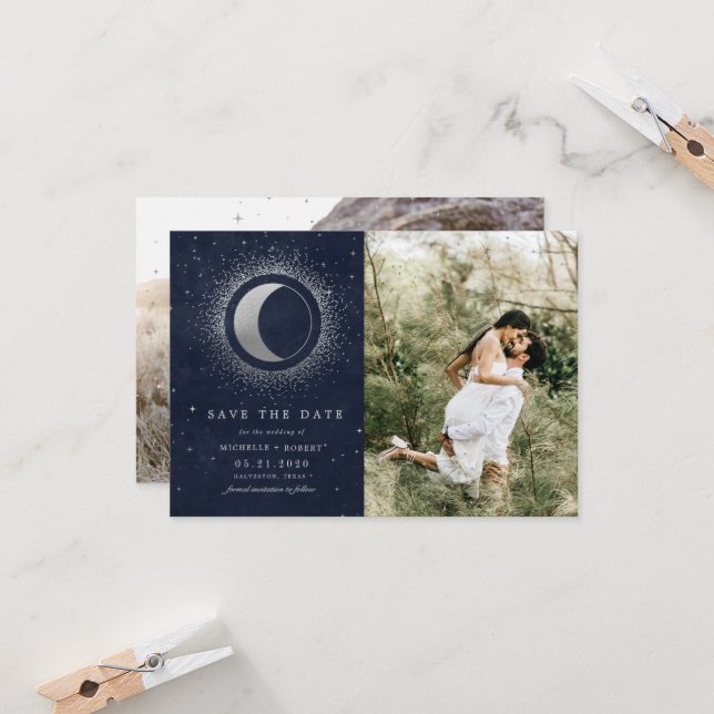 Celestial Silver Two Photo Save The Date Invitation (Front/Back In Situ)