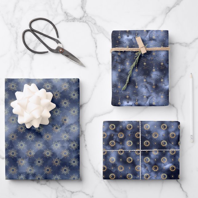 Celestial Skies Dark Navy and Gold Wrapping Paper Sheet (Front)