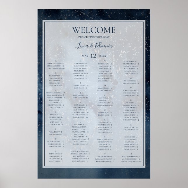 Celestial Sky Framed Alphabetical Seating Chart (Front)