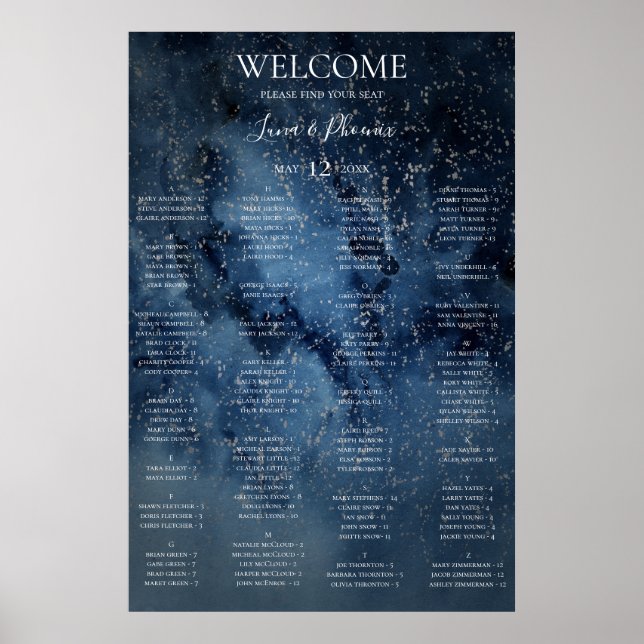 Celestial Sky | Silver Alphabetical Seating Chart (Front)