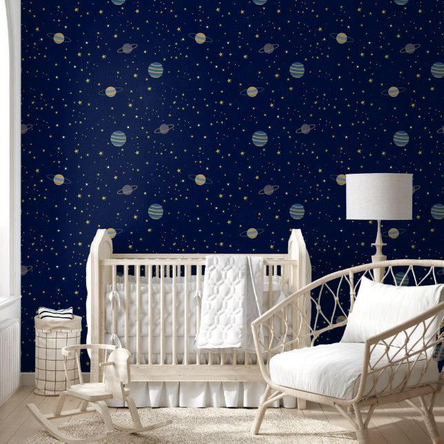 Celestial Space Stars and Planets on Blue Wallpaper (Kids)