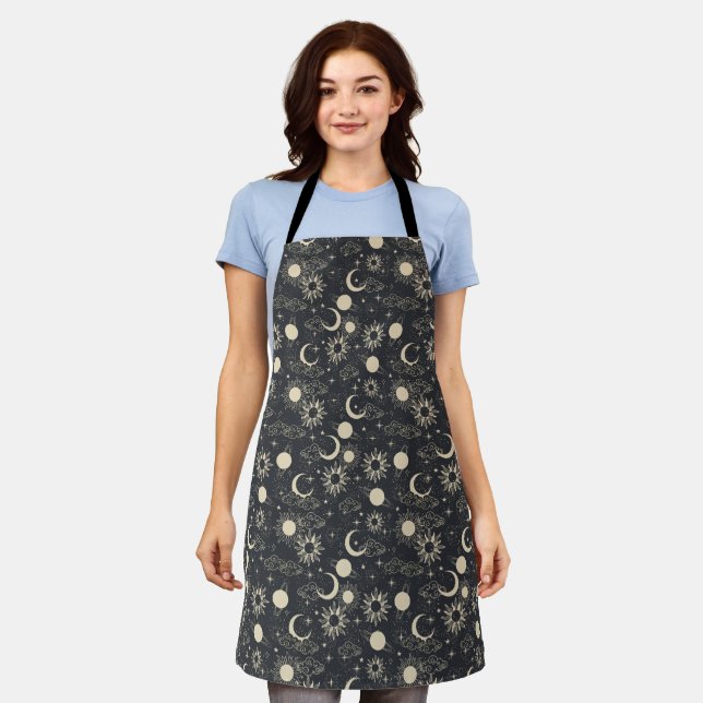 celestial space sun moon galaxy planet beige apron (Worn)