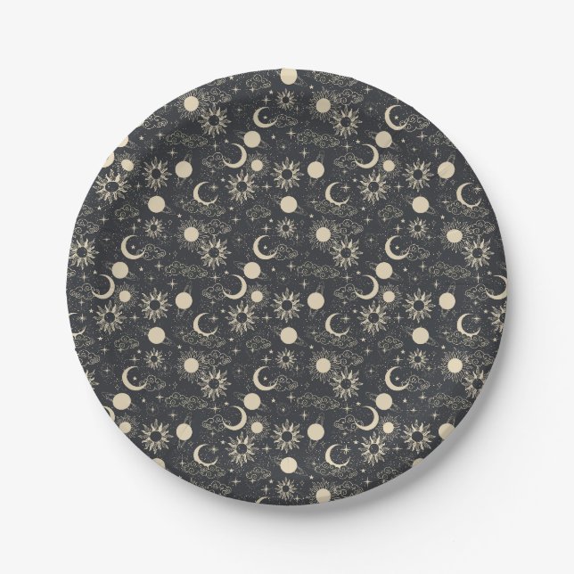 celestial space sun moon galaxy planet beige paper plate (Front)