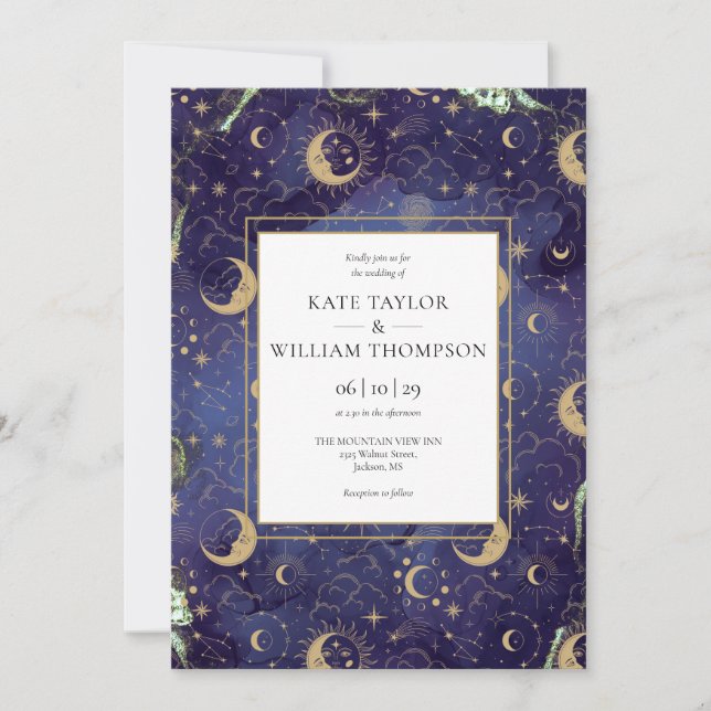 Celestial Spiritual Gold Stars Moon Stars Wedding Invitation (Front)
