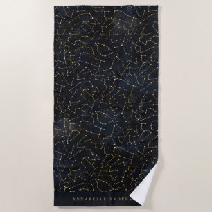 celestial star constellation gold and navy blue beach towel