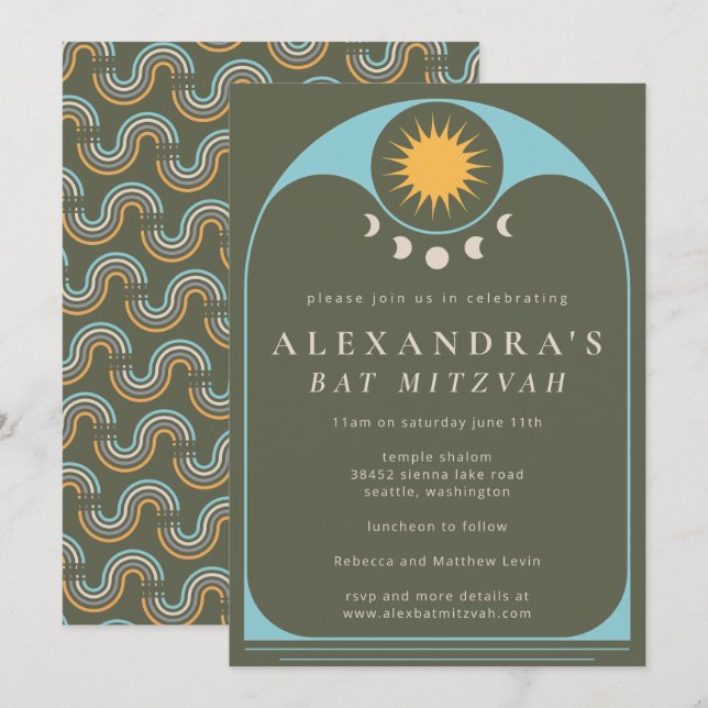 Celestial Star Green Blue Modern Bat Mitzvah  Invi Invitation (Front/Back)