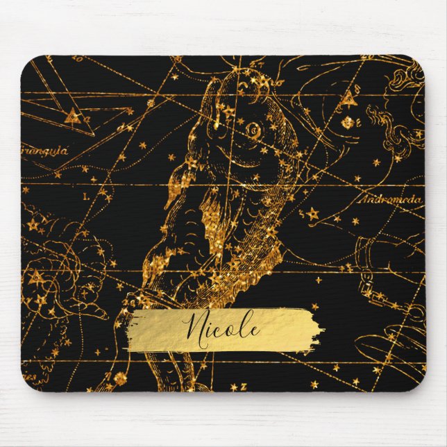 Celestial Star Map Astrological Gold Pisces Fish Mouse Pad (Front)