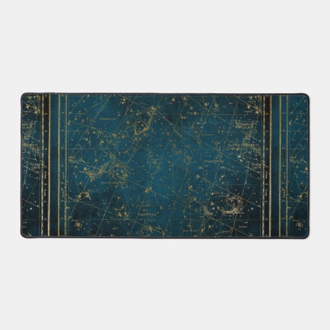 Celestial star map constellation blue gold galaxy  desk mat (Front)