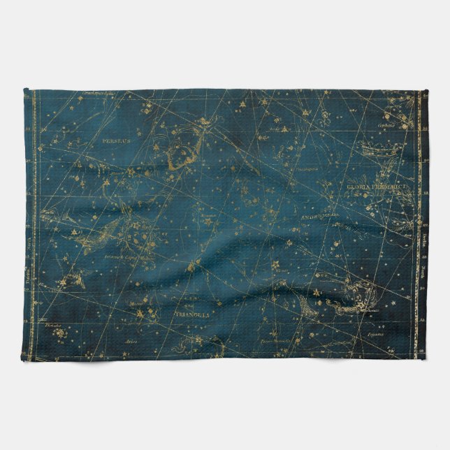 Celestial star map constellation blue gold galaxy kitchen towel (Horizontal)