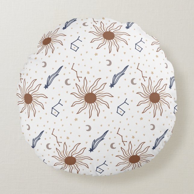Celestial Star, Sun and Moon Round Pillow (Front)