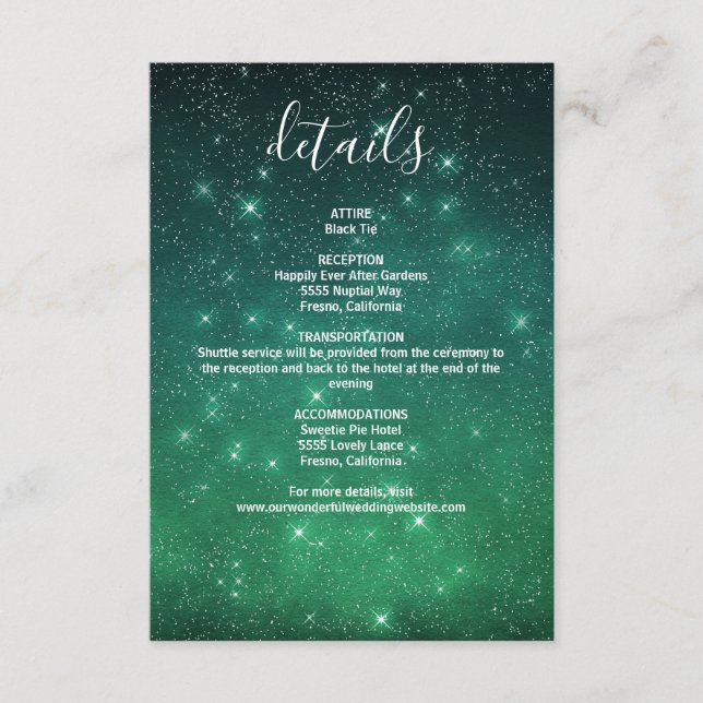 Celestial Starry Green Night Sky Wedding Details Enclosure Card (Front)
