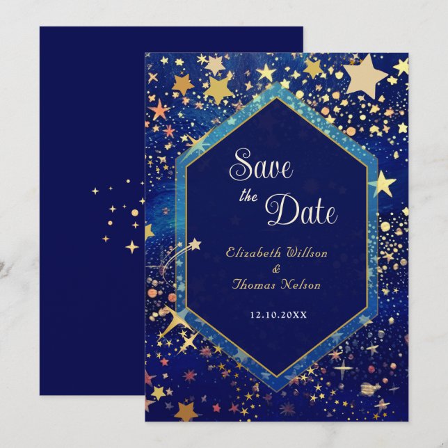 Celestial starry night blue wedding save the date (Front/Back)
