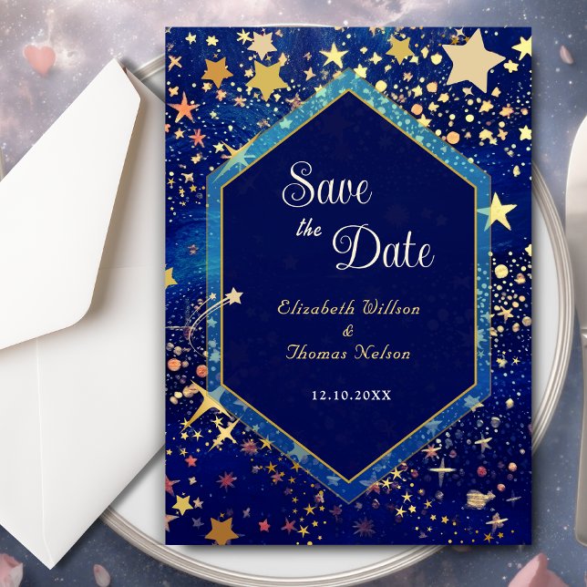 Celestial starry night blue wedding save the date (Creator Uploaded)