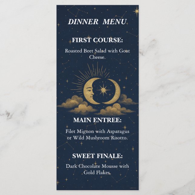 Celestial Starry Night Gold Moon Wedding Menu (Devant)