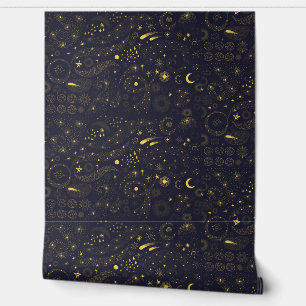 Celestial starry night moon star cute blue yellow wallpaper