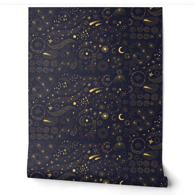 Celestial starry night moon star cute blue yellow  wallpaper (Unrolling)