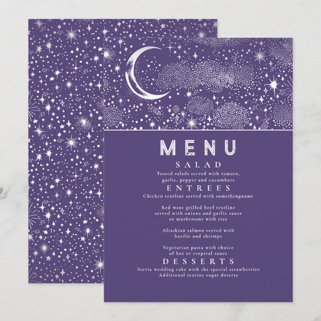 Celestial Starry Night Moon Wedding Menu Invitation (Front/Back)