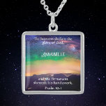 Celestial Starry Night Sky Psalm 19:1 Christian  Sterling Silver Necklace<br><div class="desc">Experience the enchantment of the night sky with our Starry Night Over Rockies necklace, a bespoke treasure inspired by the poetic Scripture verse of Psalm 19:1. Crafted with care, this necklace encapsulates the breathtaking panorama of the Rocky Mountains under a celestial canopy, personalized with your selected scripture and name. It's...</div>