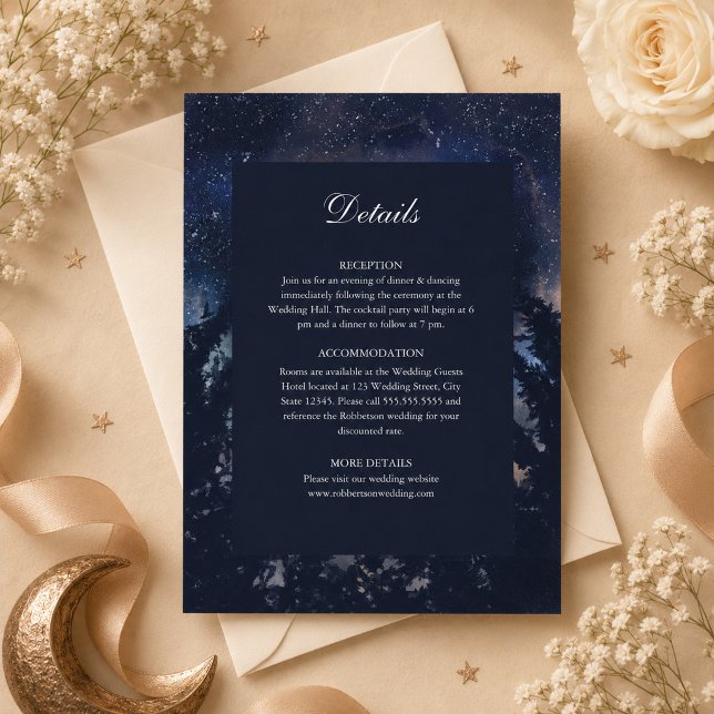 Celestial Starry Night Wedding Details Card (Celestial Starry Night Wedding Details Card on an elegant celestial wedding table)