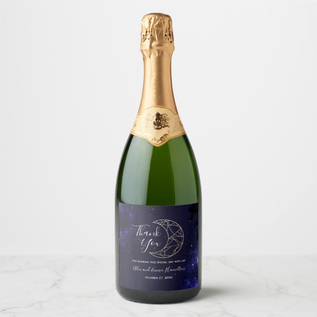 Celestial Starry Sky and Gold Moon Sparkling Wine  Sparkling Wine Label (Front)