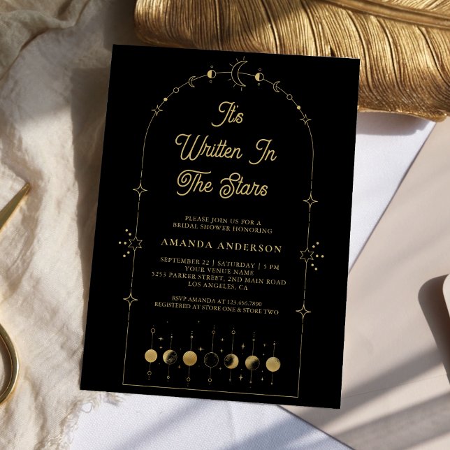 Celestial Stars Black Gold Moon Bridal Shower Invitation (Creator Uploaded)