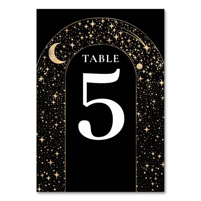 Celestial Stars Black Wedding Table Number Card (Front)