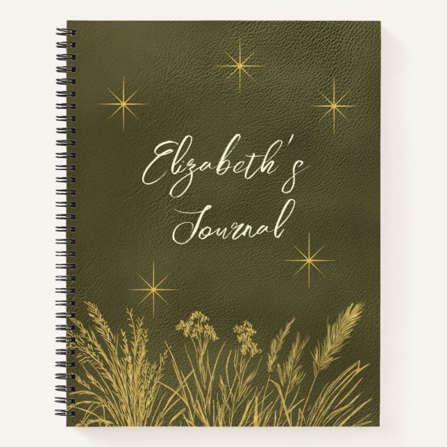Celestial Stars Casual Script Personalized Green Notebook (Front)